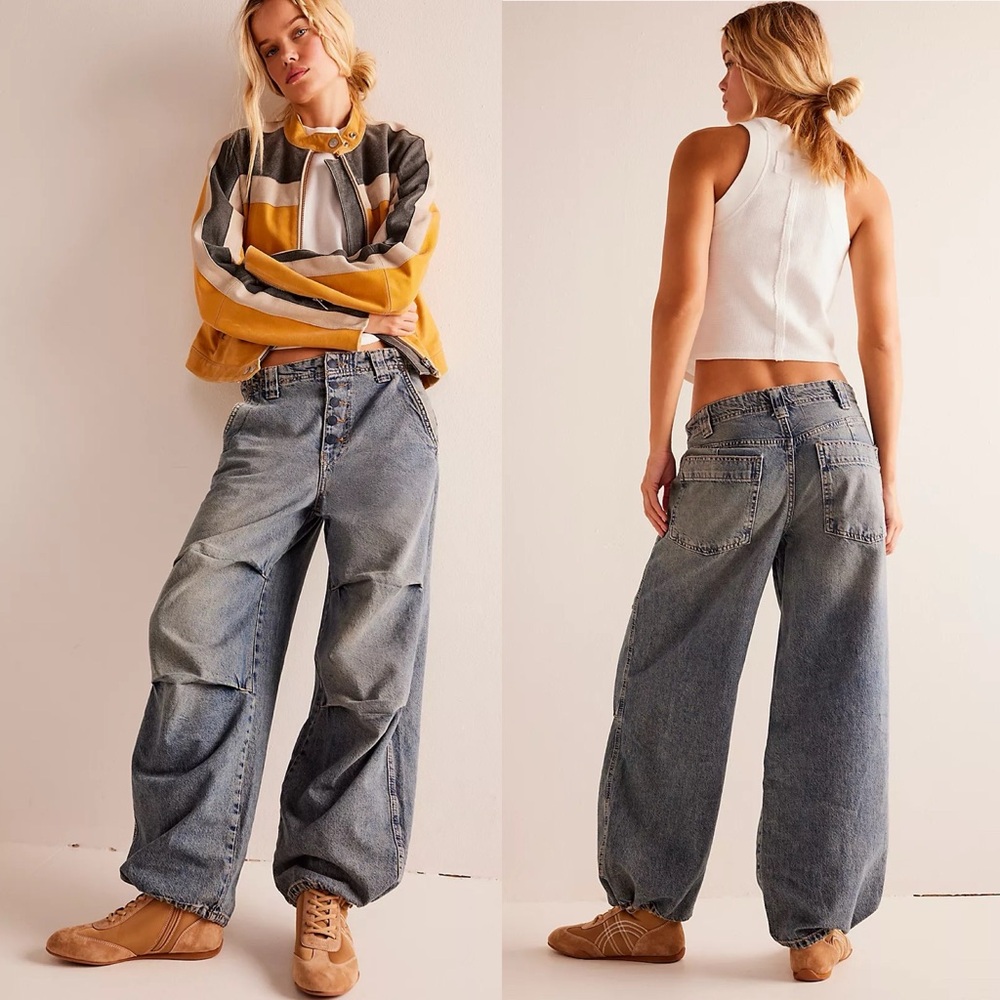 Free People Newbies Solid Slouchy Jeans Stone Wash Wide Leg Size Small Baggy Y2K - Picture 3 of 16